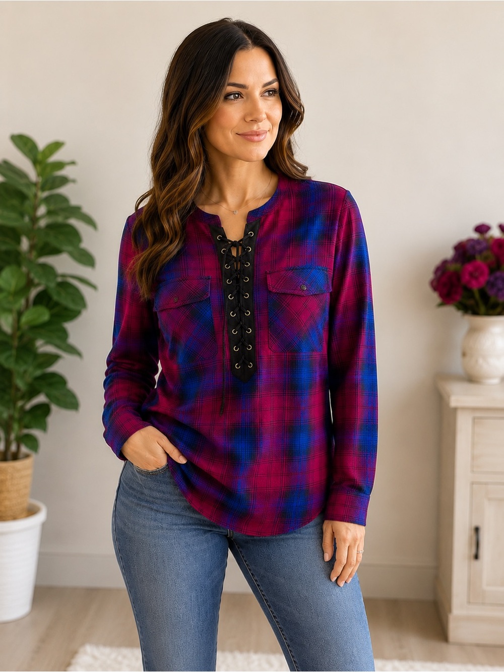 Express Magenta and Blue Plaid Lace-Up Long Sleeve Top